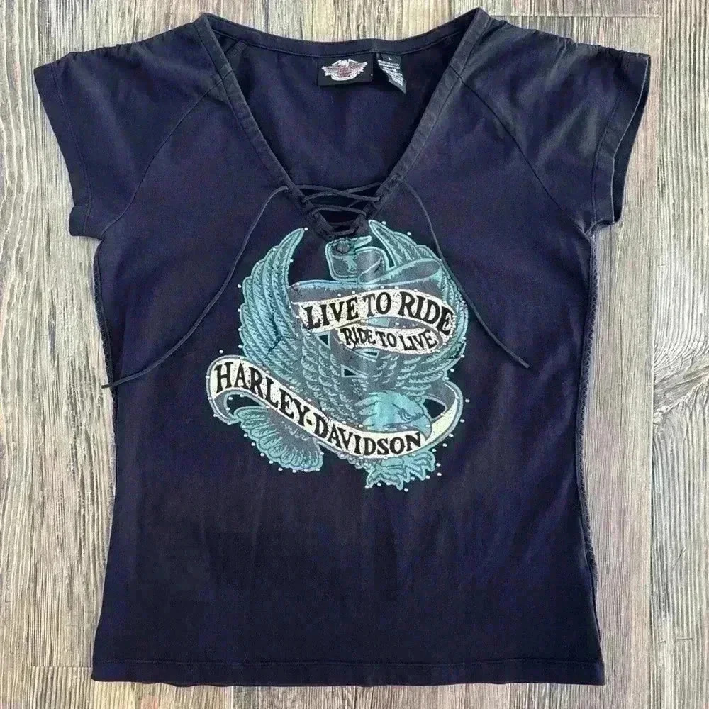 Harley Davidson Womens Lg Shirt Live To Ride Black Side Stitch Lace Up V-Neck
